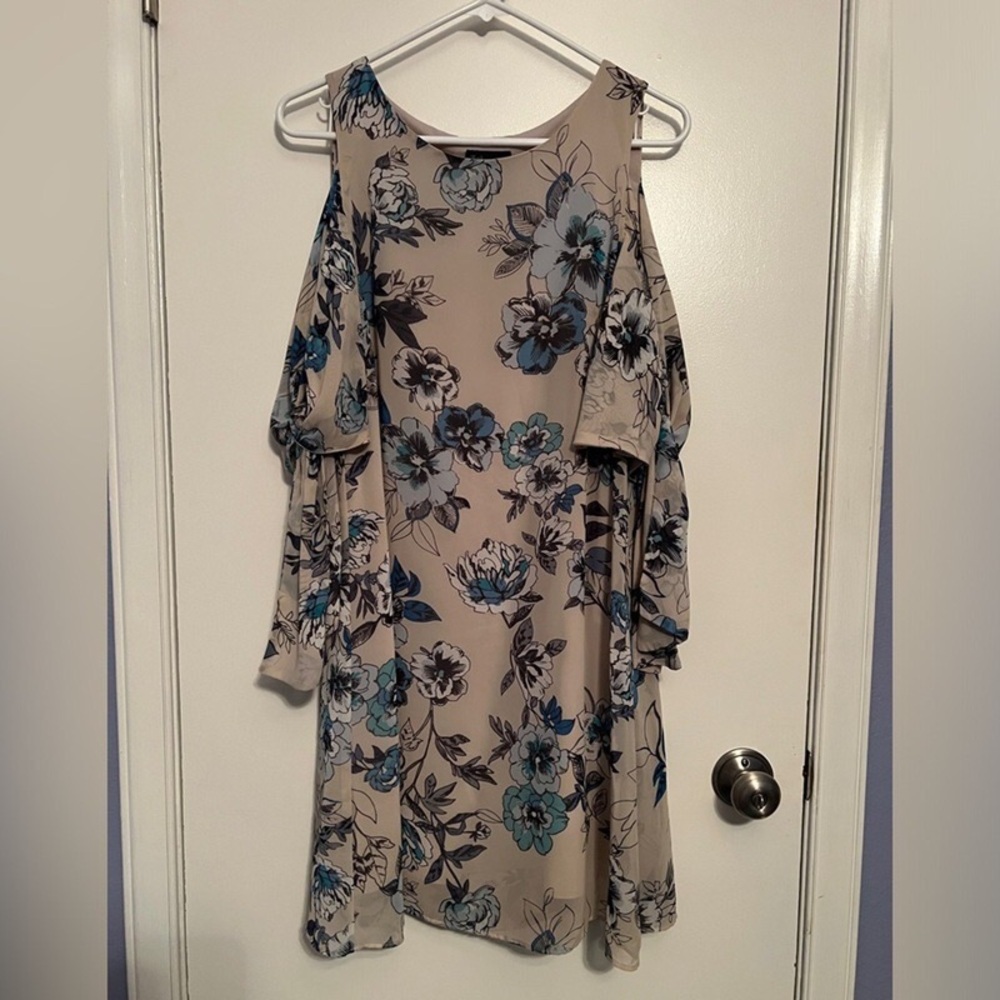 Floral Cold-Shoulder Dress in Taupe with Blue Accents
